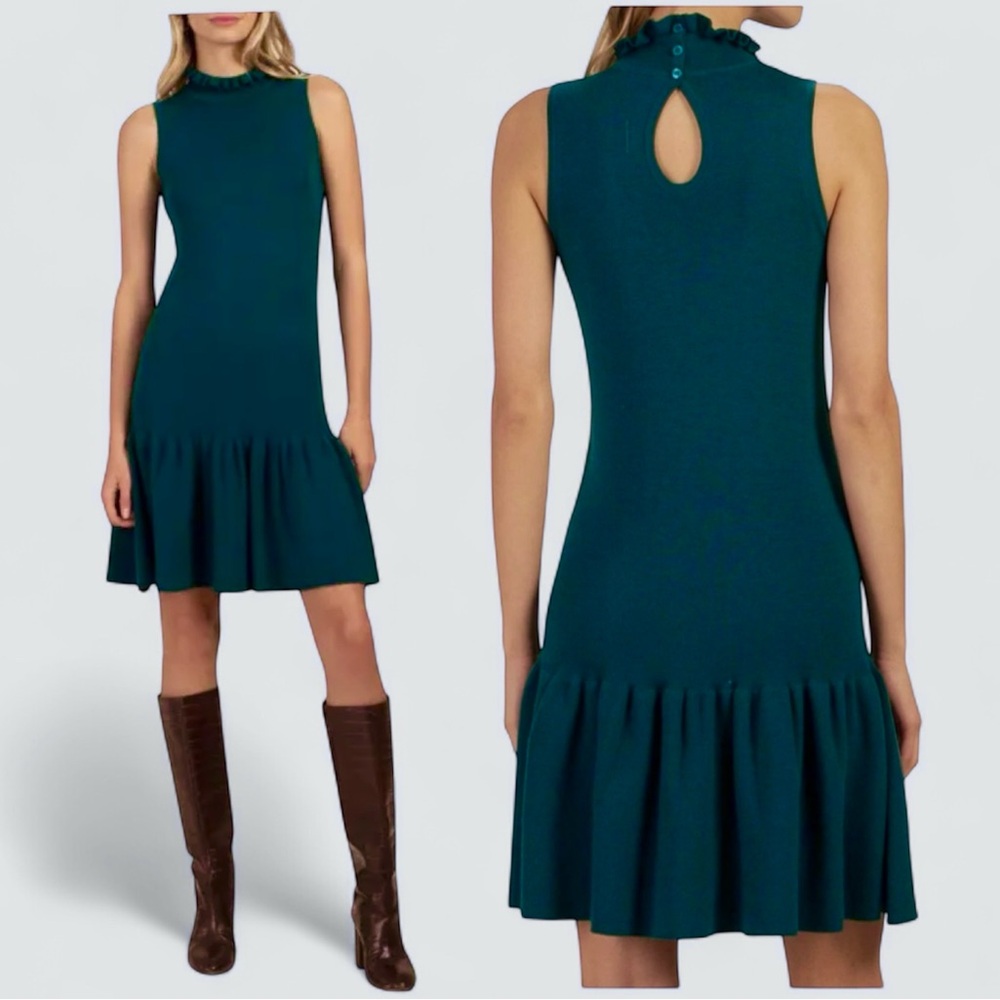 Trina Turk Raya Merino Wool Knit Sweater Mini Dress Teal Ruffle NWT $398 S
